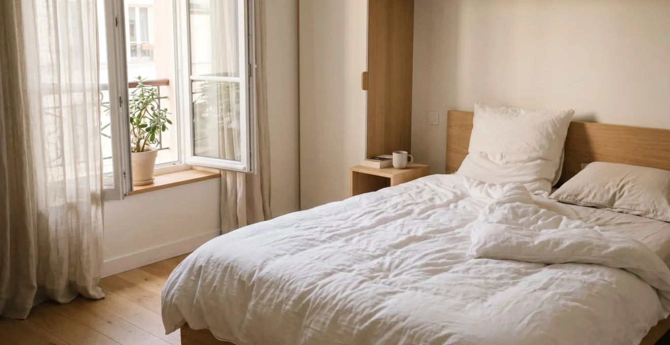 Chambre contemporaine française avec lit défait et couette blanche en coton naturellement froissée, lumière matinale douce filtrant par la fenêtre, décor minimaliste aux tons neutres créant une atmosphère sereine et confortable