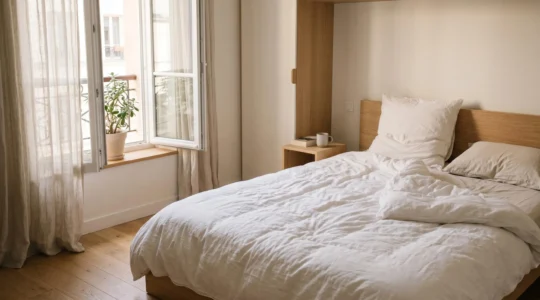 Chambre contemporaine française avec lit défait et couette blanche en coton naturellement froissée, lumière matinale douce filtrant par la fenêtre, décor minimaliste aux tons neutres créant une atmosphère sereine et confortable