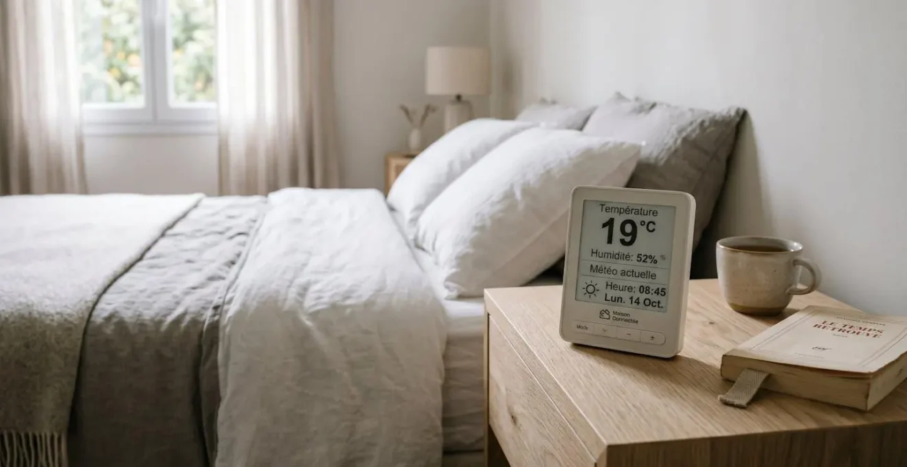 Thermostat numérique contemporain affichant 19°C posé sur table de chevet en bois clair avec arrière-plan flou montrant un coin de chambre épurée aux tons neutres, lumière naturelle douce